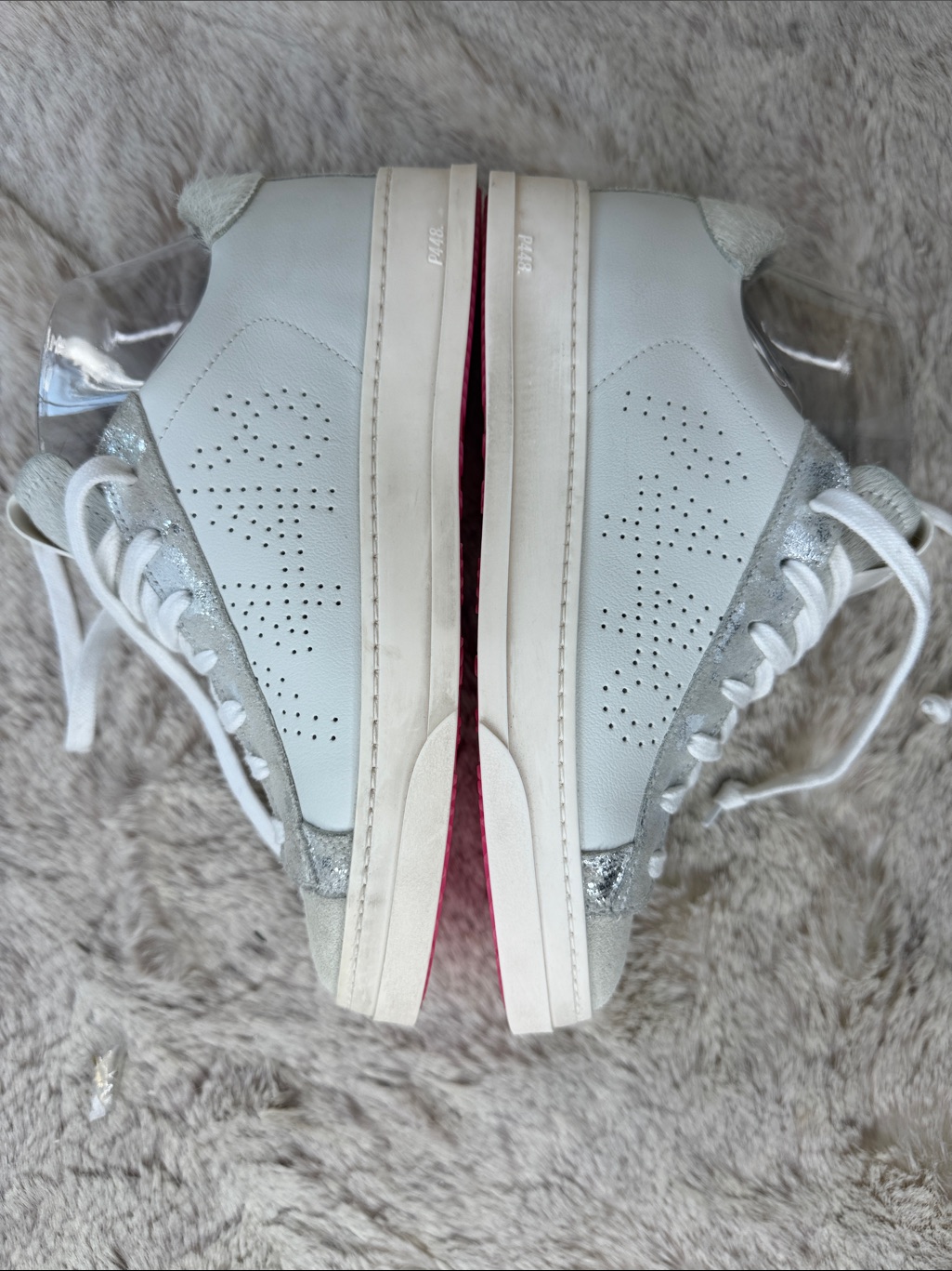 P448 | Light Gray & White Suede Sneakers With Silver Glitter & Pony Accents — image 3 of 8